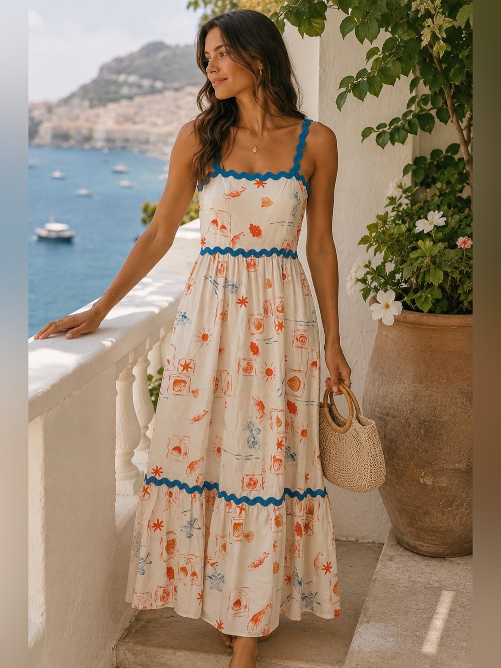 CeCe Linen Blend Midi Dress Blue Ric Rac Trim Coastal Print Size Small